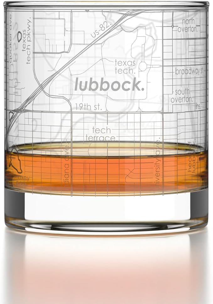 Well Told Engraved Lubbock Texas Map Rocks Glass, Old Fashioned Glassware (11 oz, Clear) Etched Bourbon Tumbler, Gifts For Whiskey Lovers