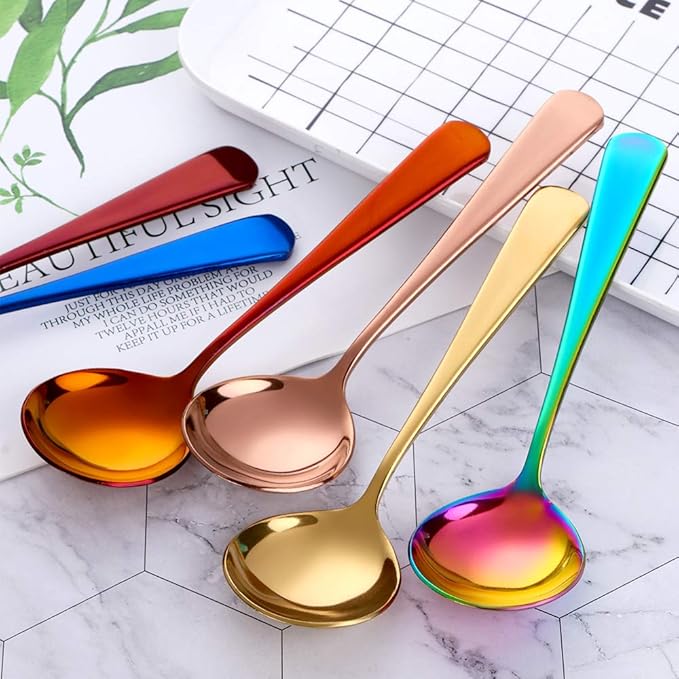 Buyer Star 8 Pieces Stainless Steel Round Soup Spoon, 6.3 Inch Mirror Polished Spoon Cutlery, Dishwasher Safe (Mixed color)