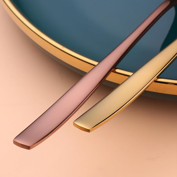 Metal Round Spoons, 8 inch Stainless Steel Reusable Long Handle Korean Soup Spoons, Table Dinner Desert Spoon Set of 8 (Gold)