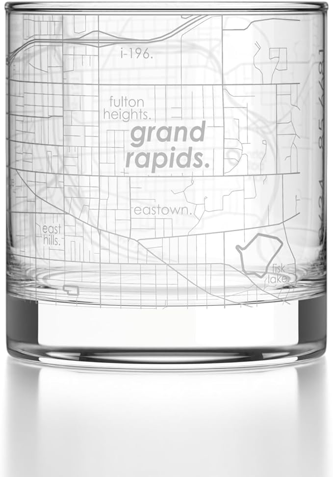 Well Told Engraved Grand Rapids Michigan Map Rocks Glass, Old Fashioned Glassware (11 oz, Clear) Etched Bourbon Tumbler, Gifts For Whiskey Lovers