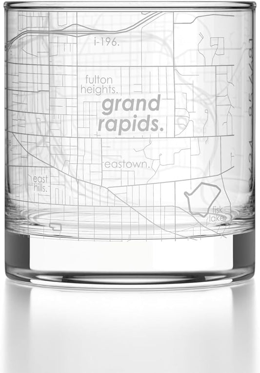 Well Told Engraved Grand Rapids Michigan Map Rocks Glass, Old Fashioned Glassware (11 oz, Clear) Etched Bourbon Tumbler, Gifts For Whiskey Lovers