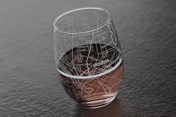Well Told Engraved Dallas Texas Map Stemless Wine Glass, Etched Glass (15 oz, Clear) City Custom Gifts for Lovers