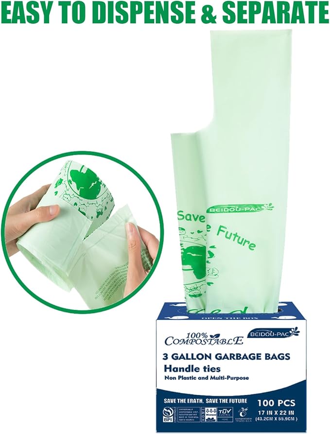 BEIDOU-PAC 100% Compostable Trash Bags, 3 Gallon Compost Bags Small Kitchen Trash Bags with Handle, 100 Count Sturdy Biodegradable Garbage Bags Food Scrap Waste Bags, ASTM D6400, US BPI Certified