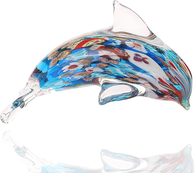 Quligeta Glass Dolphin Figurine Handmade Blown Sea Animal Sculpture Statue Paperweight Gift Collectible Home Desk Decoration Ornaments (Murano)