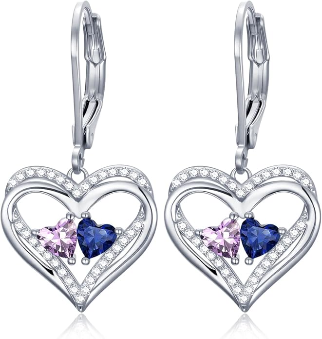 Heart Leverback Earrings Double Birthstone Dangle Earrings for Women, Love Jewelry for Her, Christmas Gifts for Women, Anniversary Birthday Gift for Mom Wife Girlfriend