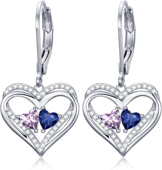 Heart Leverback Earrings Double Birthstone Dangle Earrings for Women, Love Jewelry for Her, Christmas Gifts for Women, Anniversary Birthday Gift for Mom Wife Girlfriend