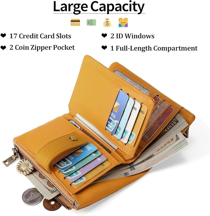 Practical Genuine Leather Wristlet Wallet for Women with Double Zipper Coin Purse and Card Organization (yellow)