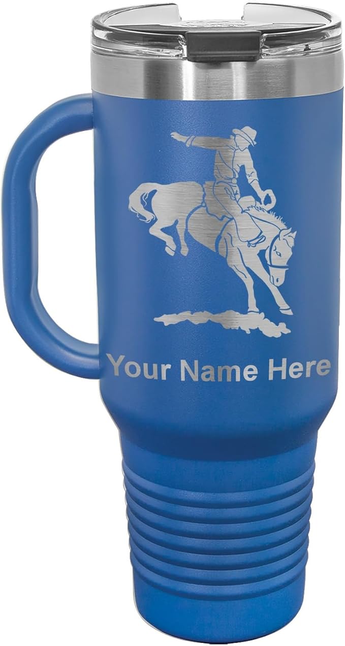 LaserGram 40oz Vacuum Insulated Travel Mug with Handle, Bronco Rider, Personalized Engraving Included (Dark Blue)