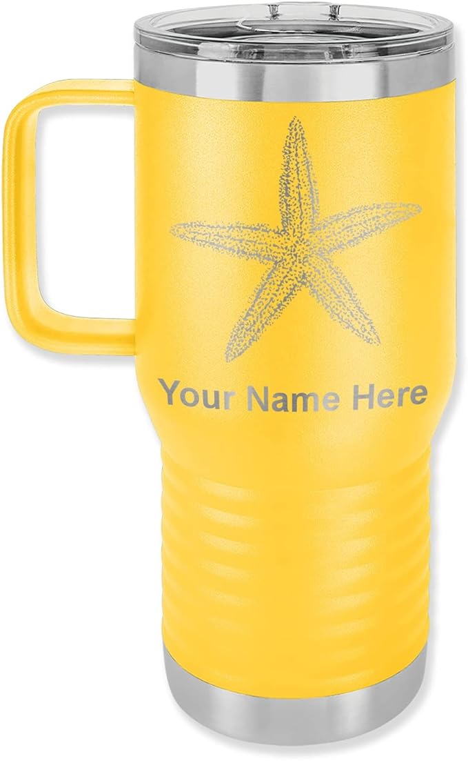 LaserGram 20oz Vacuum Insulated Travel Mug with Handle, Starfish, Personalized Engraving Included (Yellow)