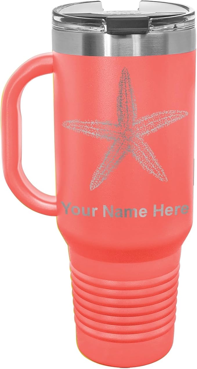 LaserGram 40oz Vacuum Insulated Travel Mug with Handle, Starfish, Personalized Engraving Included (Coral)