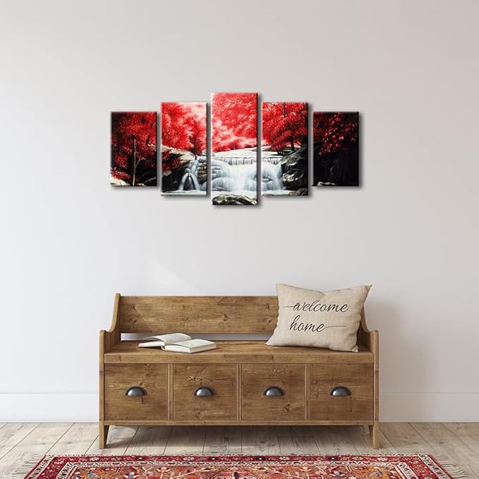 Wieco Art Red Forest Waterfalls 5 Piece Canvas Prints Wall Art for Living Bedroom Room Home Decorations Modern Gallery Wrapped Giclee Grace Landscape Tree Oil Paintings Reproduction Pictures