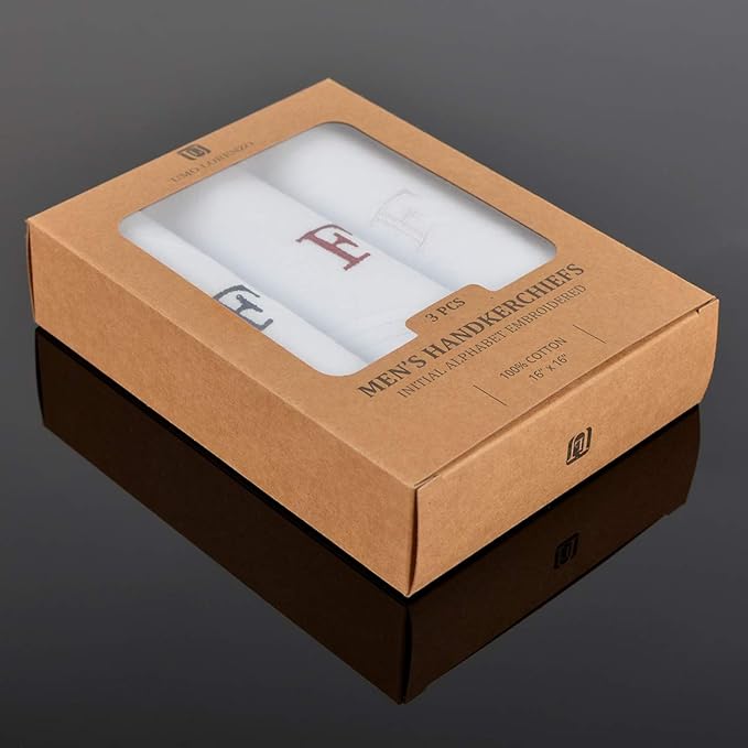 Initial Handkerchief for Men, Monogrammed Boxed 3 Piece Set,100% Cotton