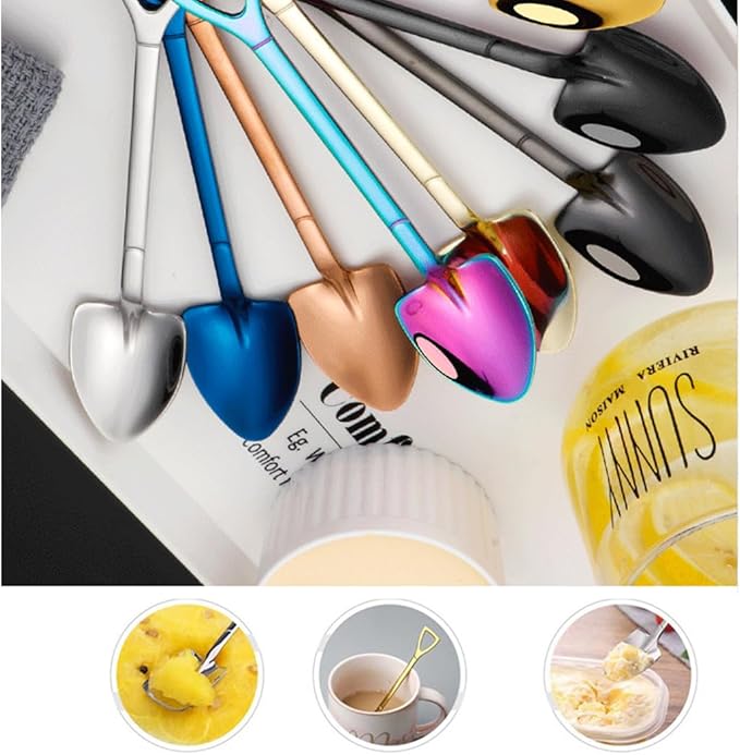 Rolin Roly 6Pcs Colourful Shovel Spoons Coffee Teaspoons Stainless Steel Dessert Spoon Set Rainbow Dinner Spoons Cute Demitasse Scoop for Stirring Drink Mixing Milkshake Jam
