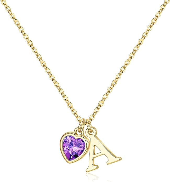 Turandoss Valentines Day Gifts for Her Trendy, Dainty 14K Gold Plated Initial A-Z Heart Birthstone Pendant Necklace Personalized Bridesmaid Birthday Valentines Jewelry Gifts for Women Girls