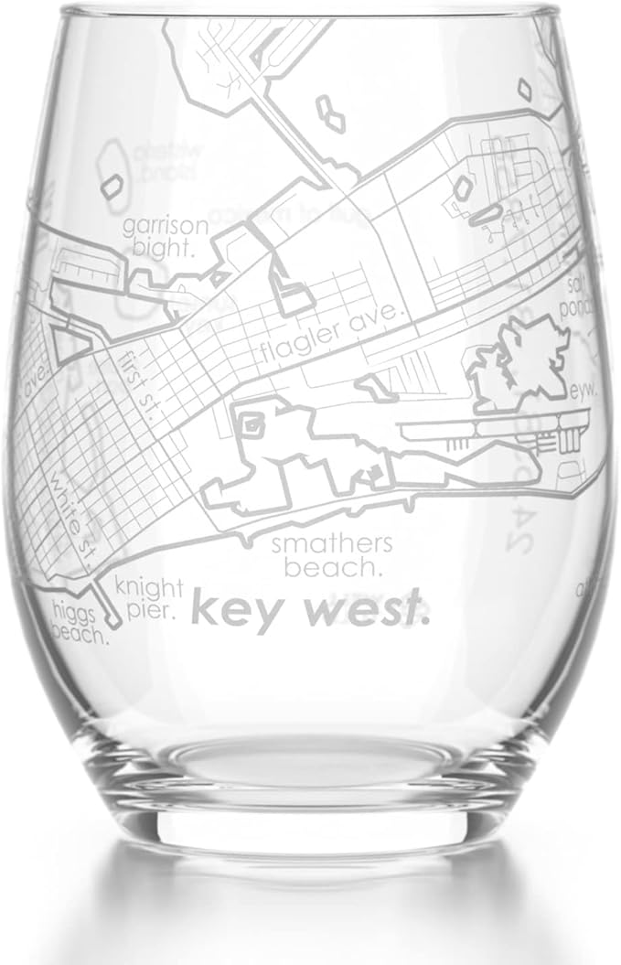 Well Told Engraved Key West Florida Map Stemless Wine Glass, Etched Glass (15 oz, Clear) City Custom Gifts for Lovers