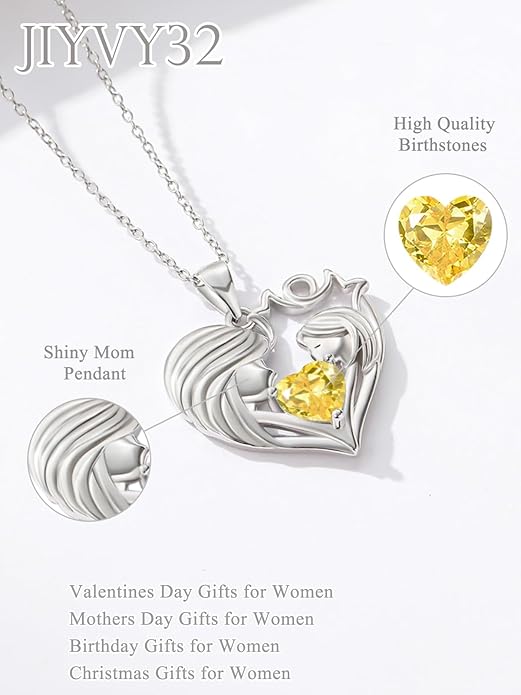 Mother and Daughter/Son Love Heart Necklace White Gold/14K Gold/Rose Gold Birthstone Jewelry Christmas Mothers Day Birthday Gifts For Mom Wife Grandma Women