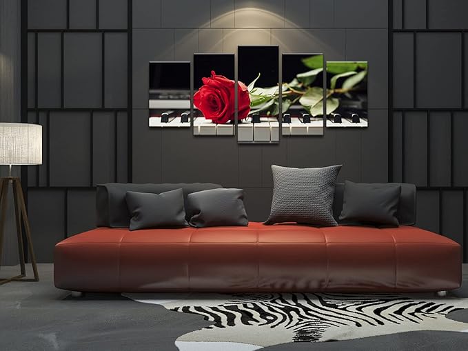 Wieco Art Red Rose on Piano Modern 5 Panels Stretched and Framed Floral Giclee Canvas Prints Artwork Flowers Music Pictures Paintings on Canvas Wall Art for Bedroom Kitchen Home Decorations