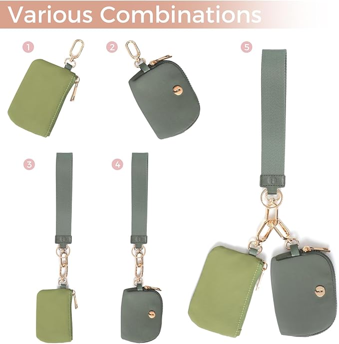 Dual Pouch Wristlet Keychain Wallets for Women with 2 Detachable Zipper Coin Purse - Small and Portable Mini Card Wallet for Women Men Gold Hardware Green+Dark Green