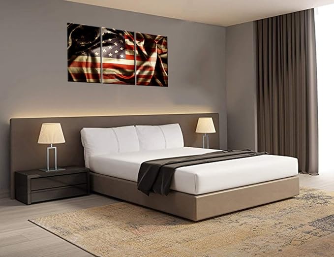 Vintage American Flag Red Pictures Patriotism Paintings Stars Stripes Artwork 3 Piece Canvas Wall Art for Living Room Giclee Home Decoration Wooen Framed Gallery-Wrapped Ready to Hang(60''Wx28''H)