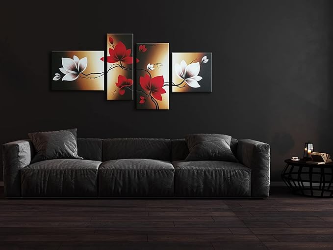 Wieco Art Full Bloom in Spring Red Flowers 100% Hand-painted 4 panels Flower Oil Paintings on Canvas Wall Art for Wall Decor Oil Painting on Canvas