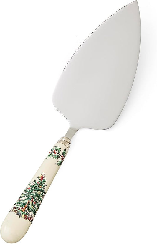 Spode Christmas Tree Cake Server, 10.5-Inch Stainless Steel Cake Knife with Fine Porcelain Handle, Holiday Dessert Flatware, Festive Christmas Utensil, Elegant Holiday Table Setting Addition