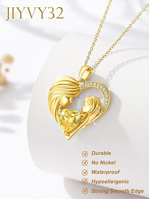 Mother and Daughter/Son Love Heart Necklace White Gold/14K Gold/Rose Gold Birthstone Jewelry Christmas Mothers Day Birthday Gifts For Mom Wife Grandma Women