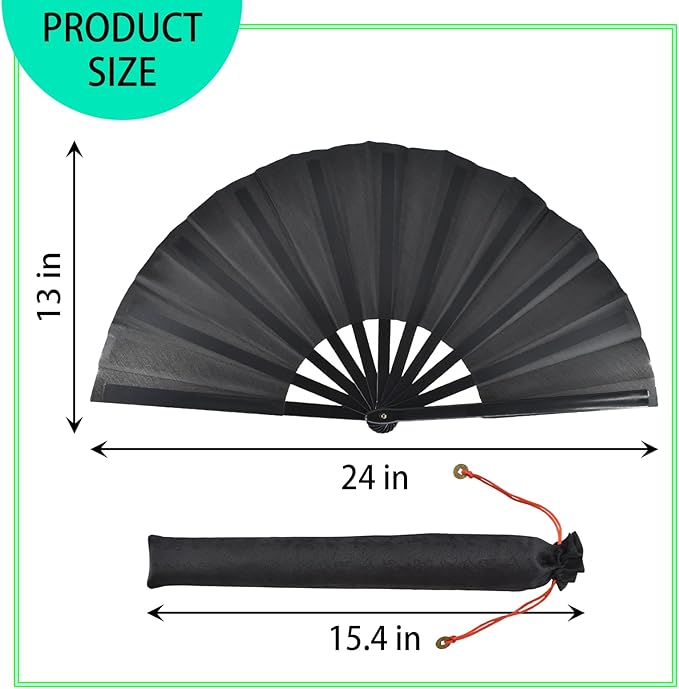 2pcs Large Black Folding Fans Handheld Nylon Cloth Classical Fans with Holder Sleeve Chinese Kung Fu Fan for Festival Performance Dance Decorations Gifts