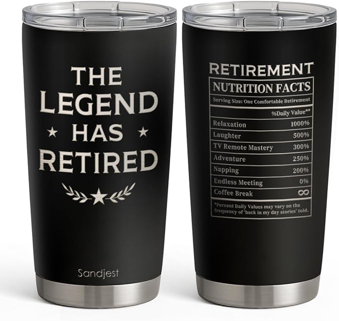 SANDJEST Retirement Tumbler 20oz, Stainless Steel Travel Cup with Lid, The Legend Has Retired Insulated Coffee Mug, Retirement Gifts for Men Coworkers Boss Friends on Birthday Christmas Farewell