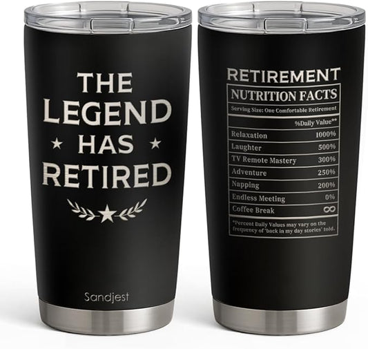SANDJEST Retirement Tumbler 20oz, Stainless Steel Travel Cup with Lid, The Legend Has Retired Insulated Coffee Mug, Retirement Gifts for Men Coworkers Boss Friends on Birthday Christmas Farewell