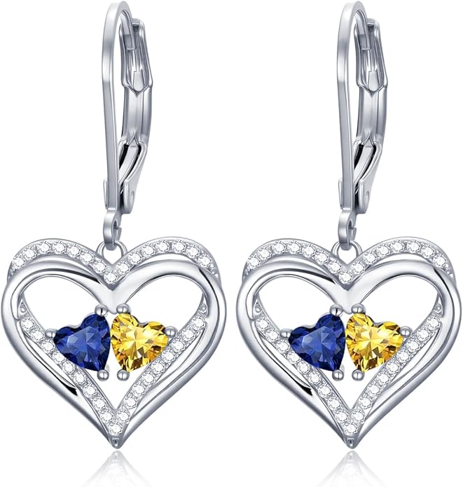 Heart Leverback Earrings Double Birthstone Dangle Earrings for Women, Love Jewelry for Her, Christmas Gifts for Women, Anniversary Birthday Gift for Mom Wife Girlfriend
