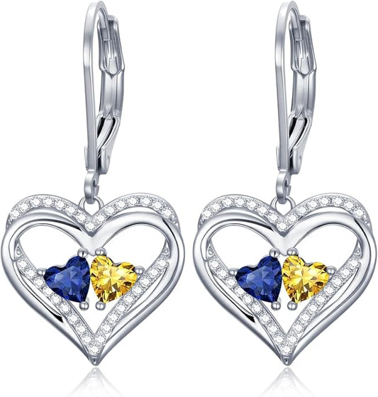 Heart Leverback Earrings Double Birthstone Dangle Earrings for Women, Love Jewelry for Her, Christmas Gifts for Women, Anniversary Birthday Gift for Mom Wife Girlfriend