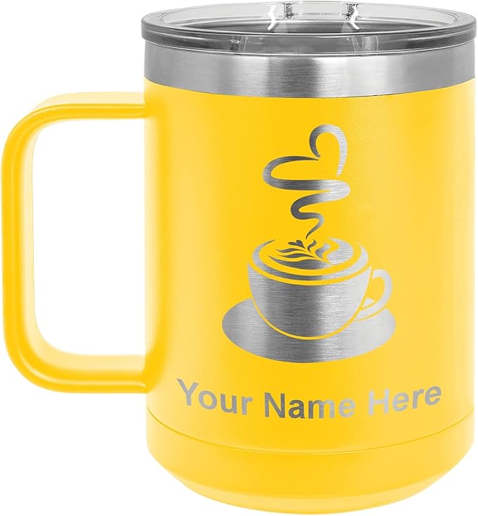 LaserGram 15oz Vacuum Insulated Coffee Mug, Cup of Coffee, Personalized Engraving Included (Yellow)