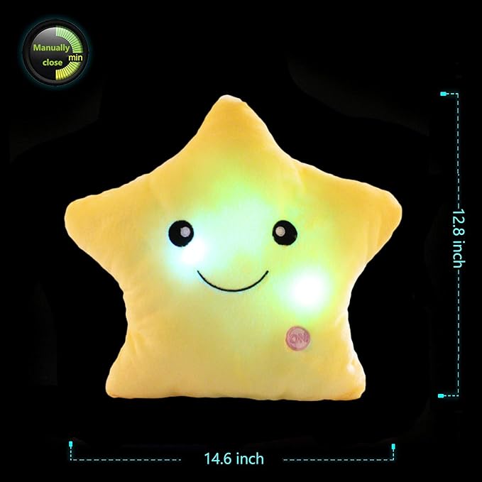 Creative Twinkle Star Shaped Plush Pillow, LED Night Light Glowing Cushions Plush Stuffed Toys Gifts for Kids, Decoration (Yellow)