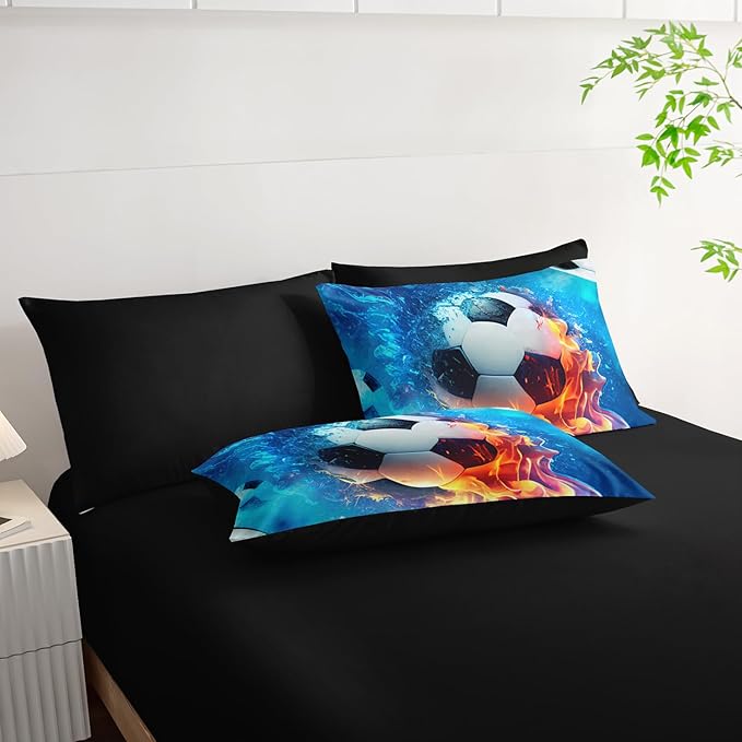 AILONEN Kids Soccer Comforter Set Twin Size,7-Piece Soft Bed in a Bag,Ice and Fire Sport Boys Soccer Comforter & Fitted Sheet with Flat Sheet & 2 Pillowcases,2 Pillow Shams for Bedroom