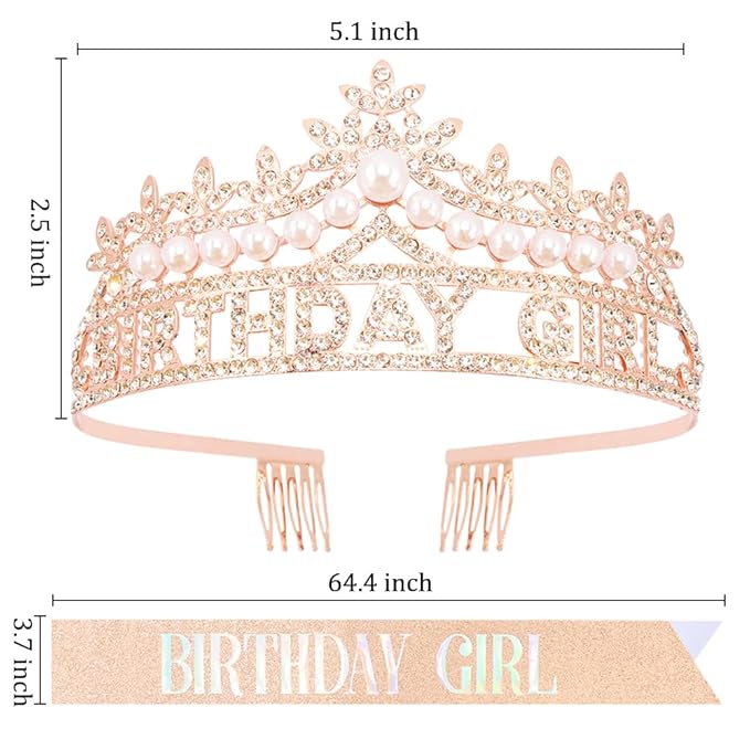 Rose Gold Birthday Girl Crown and Sash Pearl Birthday Tiara Rose Gold Birthday Decorations Set, Princess Crown Tiara for Women and Girls