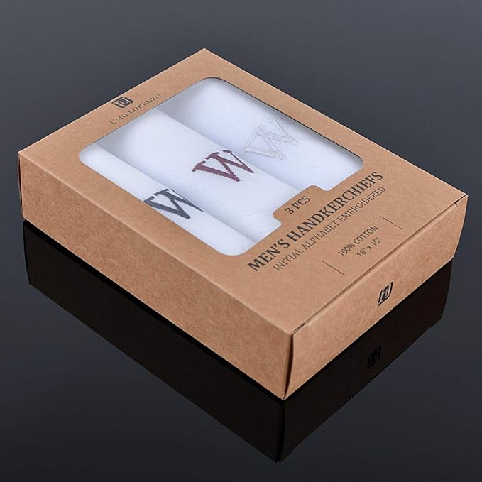 Initial Handkerchief for Men, Monogrammed Boxed 3 Piece Set,100% Cotton