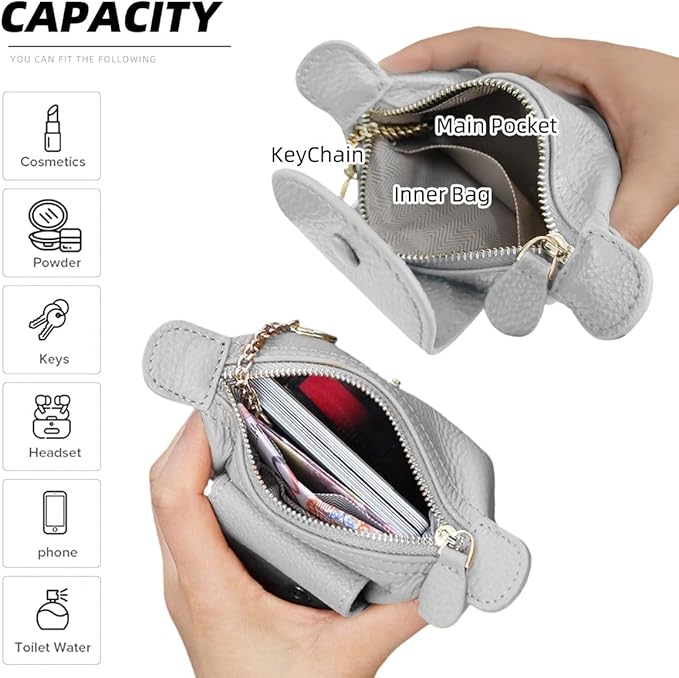 Genuine Leather Wallet Zipper Coin Purse Key Ring Card Organizer Compact Storage for Women (Grey)