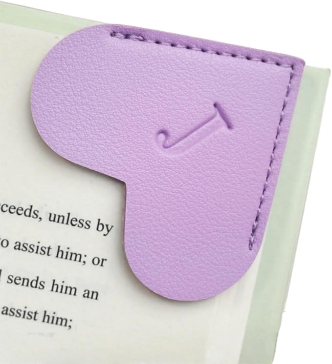 MOTEERLLU Personalized Leather Heart Bookmark with Initials, Handmade, Letter Cute Custom Corner Book Marks for Reading Women, Teachers, Students, Book Lovers, Book Accessories(Purple,J)