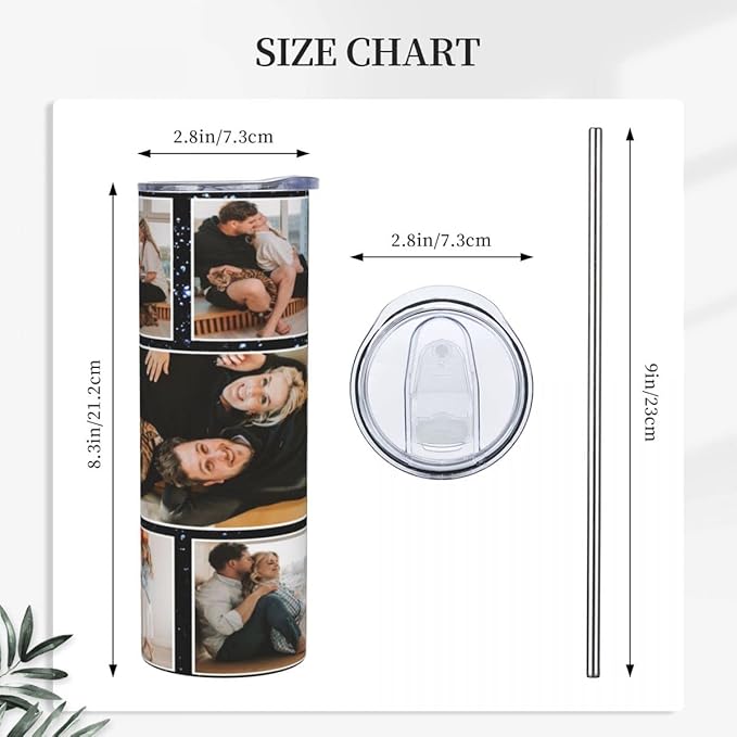 Personalized Custom tumbler Coffee Mug with Lid and Straw Hot and Cold Stainless Steel Vacuum Insulated Travel Mug with Photo Personalized tumbler Gift (20 oz, Cylinder, 9 photos)