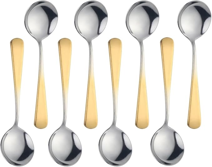 Buyer Star 8 Pieces Stainless Steel Round Soup Spoon, 6.3 Inch Mirror Polished Spoon Cutlery, Dishwasher Safe (Gradual Gold)