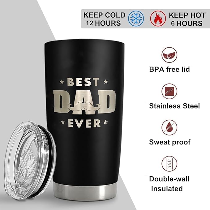 Best Dad Ever Tumbler for Men, 20 oz Stainless Steel Insulated Coffee Cup Double Wall Travel Mug with Lid, Dad Gifts for Father's Day Birthday