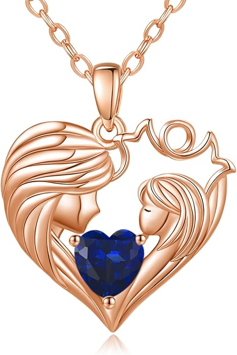 Mother and Daughter/Son Love Heart Necklace White Gold/14K Gold/Rose Gold Birthstone Jewelry Christmas Mothers Day Birthday Gifts For Mom Wife Grandma Women
