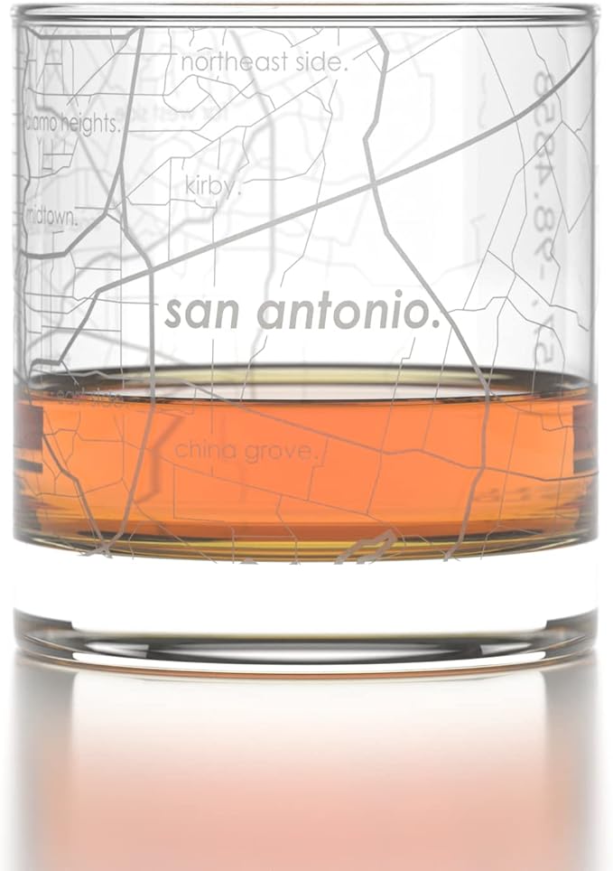 Well Told Engraved San Antonio Texas Map Rocks Glass, Old Fashioned Whiskey Glass (11 oz, Clear) Etched Whiskey Glass, Gifts For Whiskey Lovers