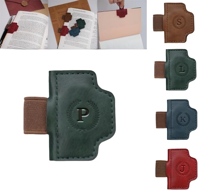 Personalized Magnetic Bygone Mark Bookmark with Pen Holder, 26 Letters Name Initial Custom Leather Book Mark for Women, Gifts for Book Lovers and Readers (Green,P)