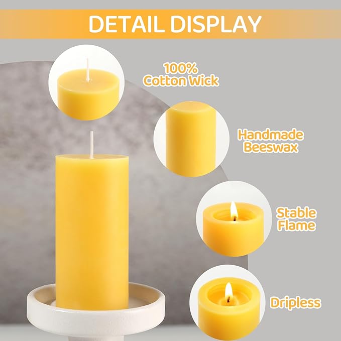 16 Pack Natural Beeswax Pillar Candles,560 Hours Long Burning Bees Wax Candle for Home,Prayer,Emergency,Dripless Smokeless Organic Beeswax Candles Bluk 2x4in