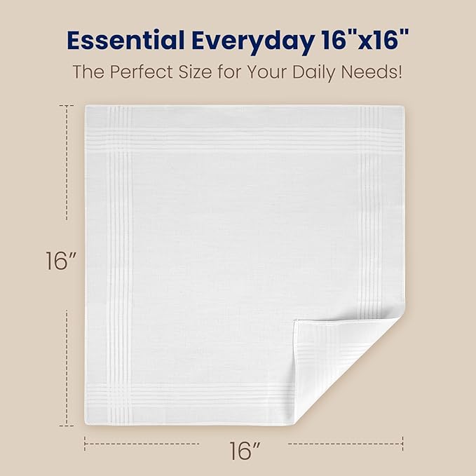 Selected Hanky Men's Handkerchiefs,100% Soft Cotton,White Classic Hankie Pack of 12