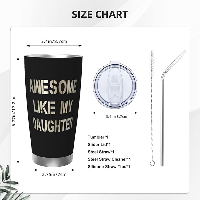 Dad Tumbler for Men, Dad Gifts for Father's Day Birthday, Awesome Like My Daughter, 20 oz Stainless Steel Insulated Coffee Cup Double Wall Travel Mug with Lid