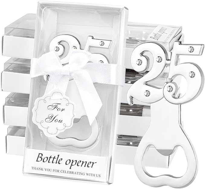24PCS 25th Birthday Party Favors for Guests 25 Silver Wedding Anniversary Beer Bottle Openers Gifts, 25th Return Gifts Party Decor Souvenirs for Guests for Bridal Shower Favors