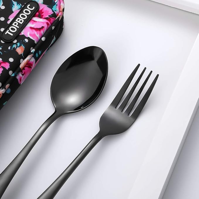 Travel Utensils,Reusable Silverware Set To Go Portable Cutlery Set with a Waterproof Carrying Case for Lunch Boxes Workplace Camping Picnic (Black)