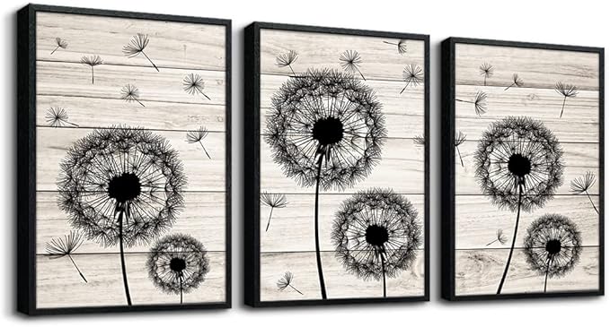 Framed Wall Art For Living Room Wall Decor For Bedroom Fashion Office Decor Abstract Wall Painting Black Dandelion Flowers Hang a Pictures Artwork Kitchen Home Decoration 3 Piece Black Wood Framed